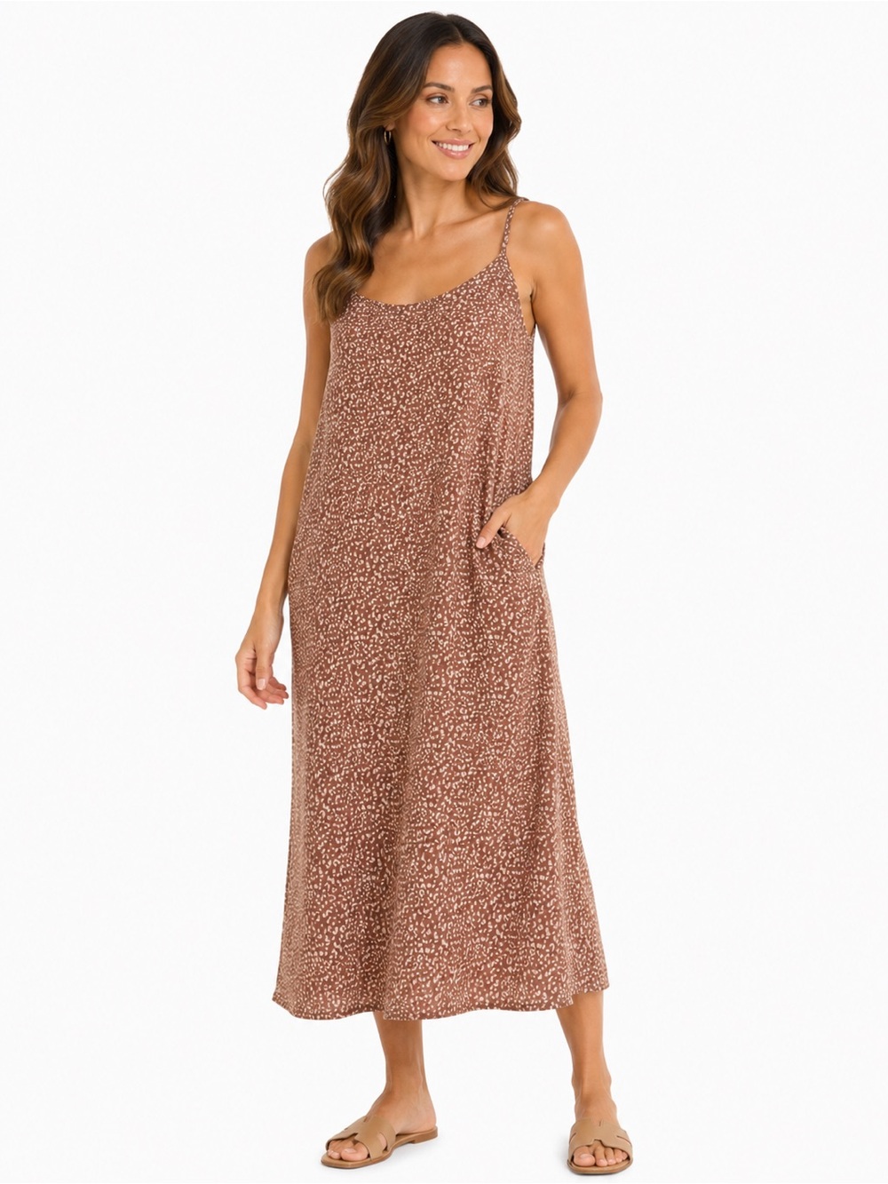 Paper Crane Spaghetti-Strap Floral Midi Dress in Dusty Rose. Approx 20 x 45